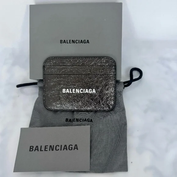 BALENCIAGA LOGO Metallic Silver Leather Credit Card Cash Cardholder Wallet NEW - Picture 3 of 14
